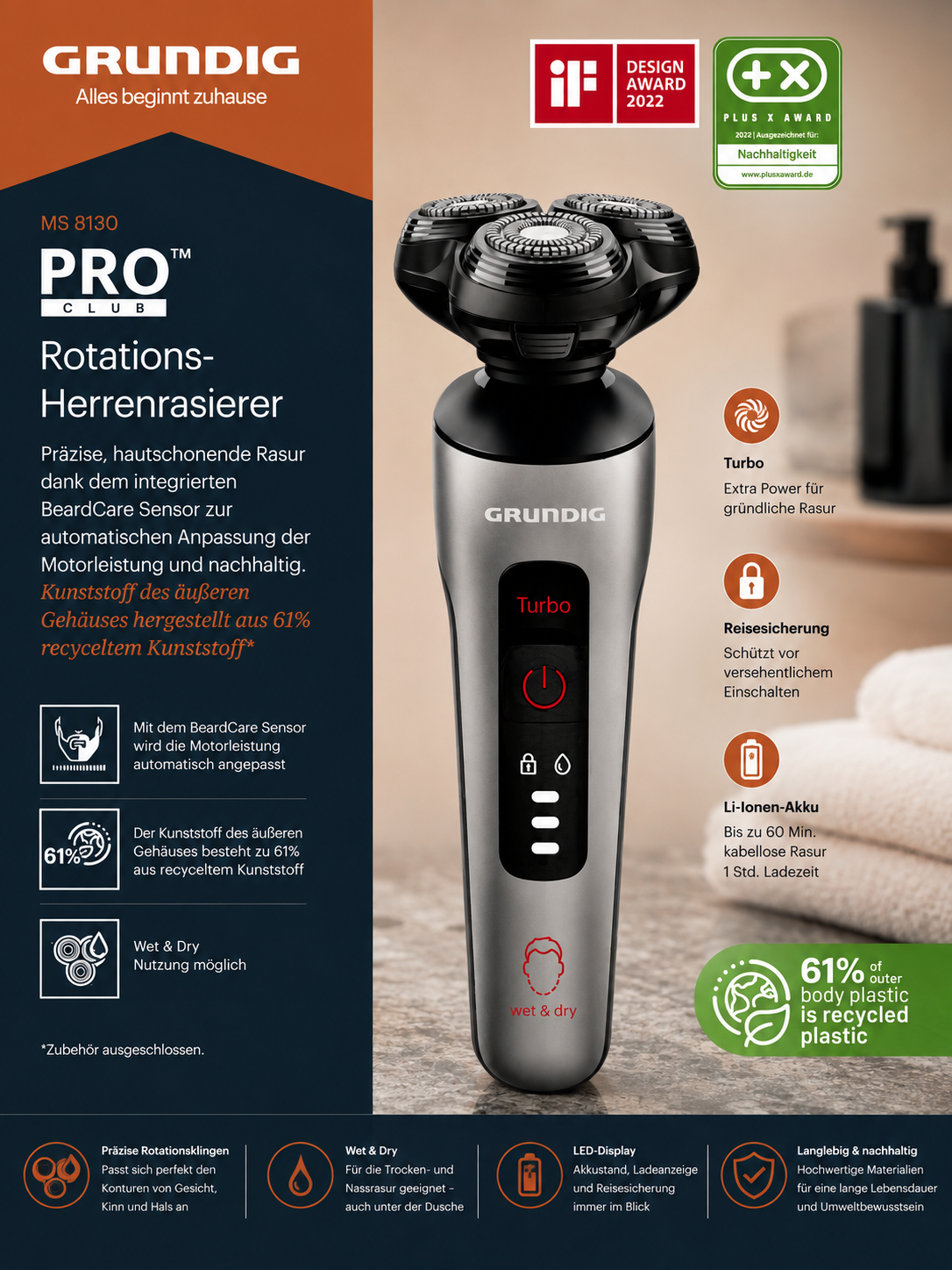 GRUNDIG Herrenrasierer MS 8130 ProClub, BeardCare Sensor, Wet & Dry, Titanium C2