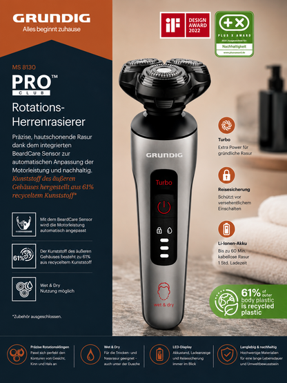 GRUNDIG Herrenrasierer MS 8130 ProClub, BeardCare Sensor, Wet & Dry, Titanium C2