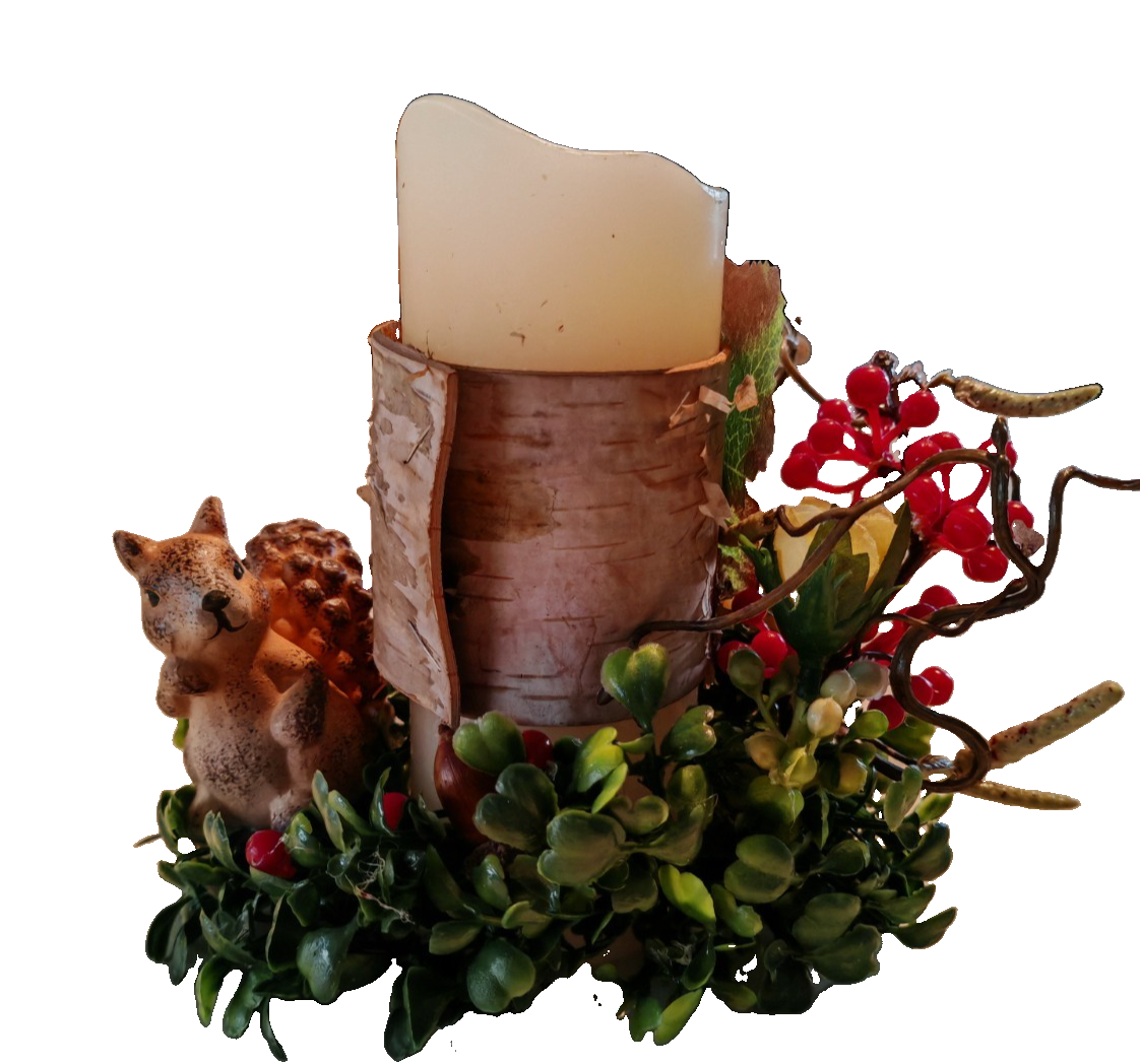 LED Kerze mit Eichhörnchen Herbstdeko Birkenholz Optik Tischdeko 13 cm E7