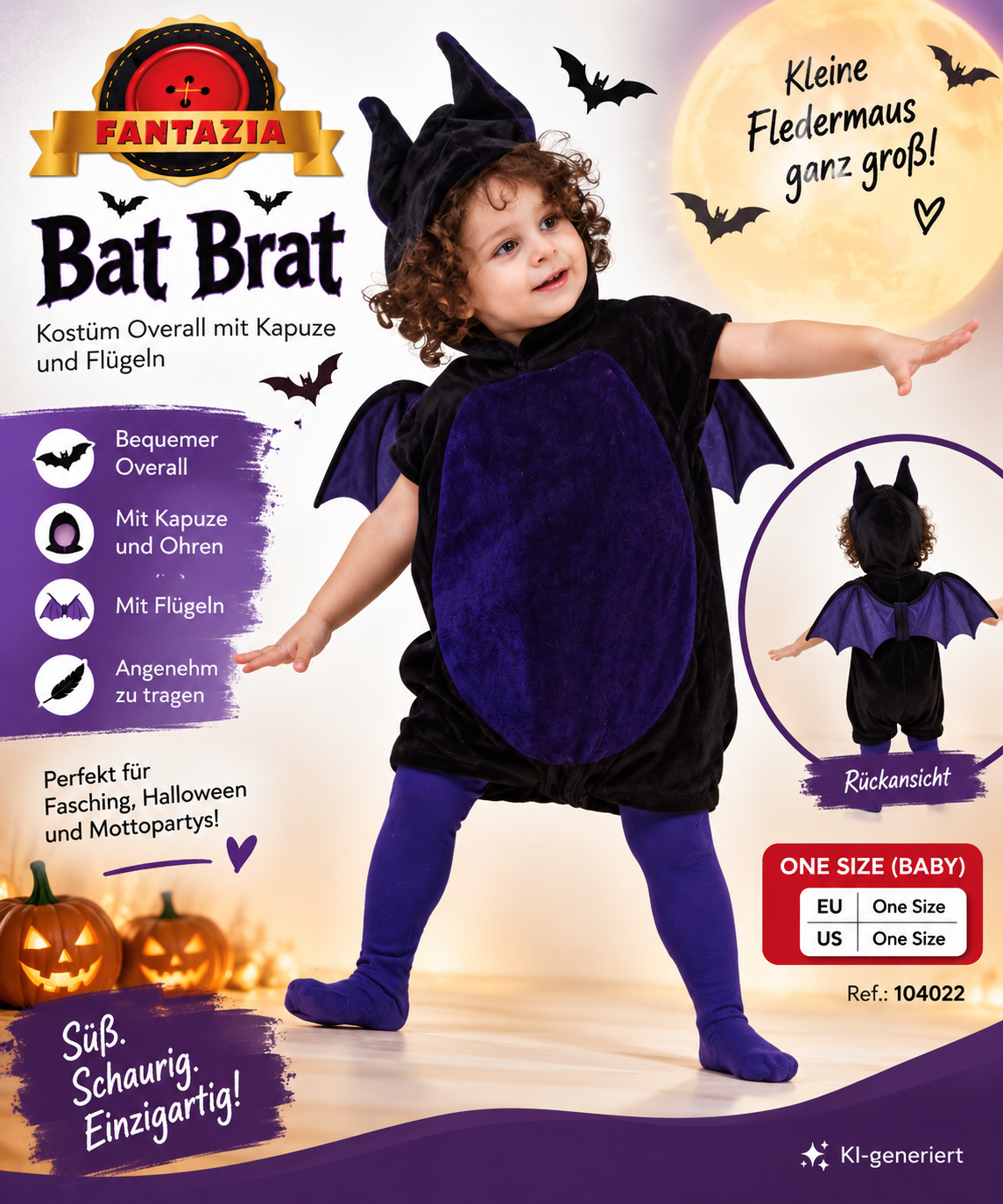 Fantazia Bat Brat Fledermaus Kostüm Baby One Size Halloween Kapuze Flügel