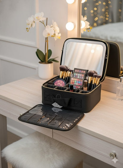 Beauty Case mit LED Spiegel Grau | Schminkkoffer Reise & 3 Licht-Modi