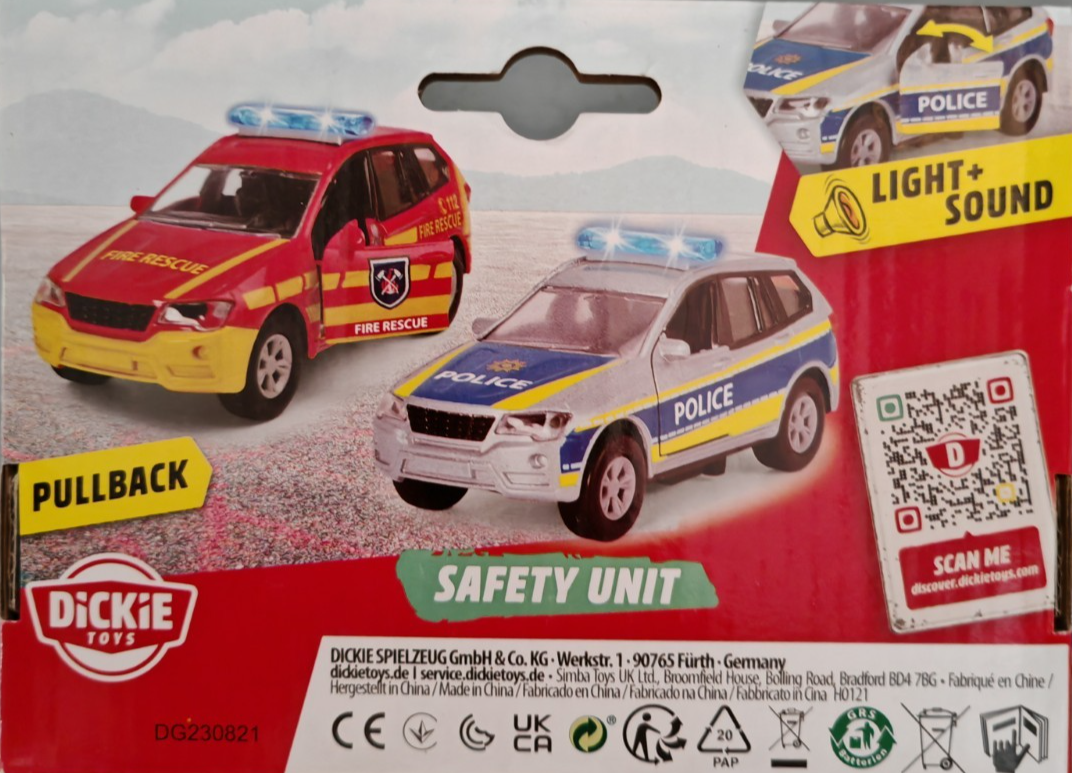 Dickie Toys Safety Unit Polizei Auto 12cm Licht Sound Pullback Metall D5
