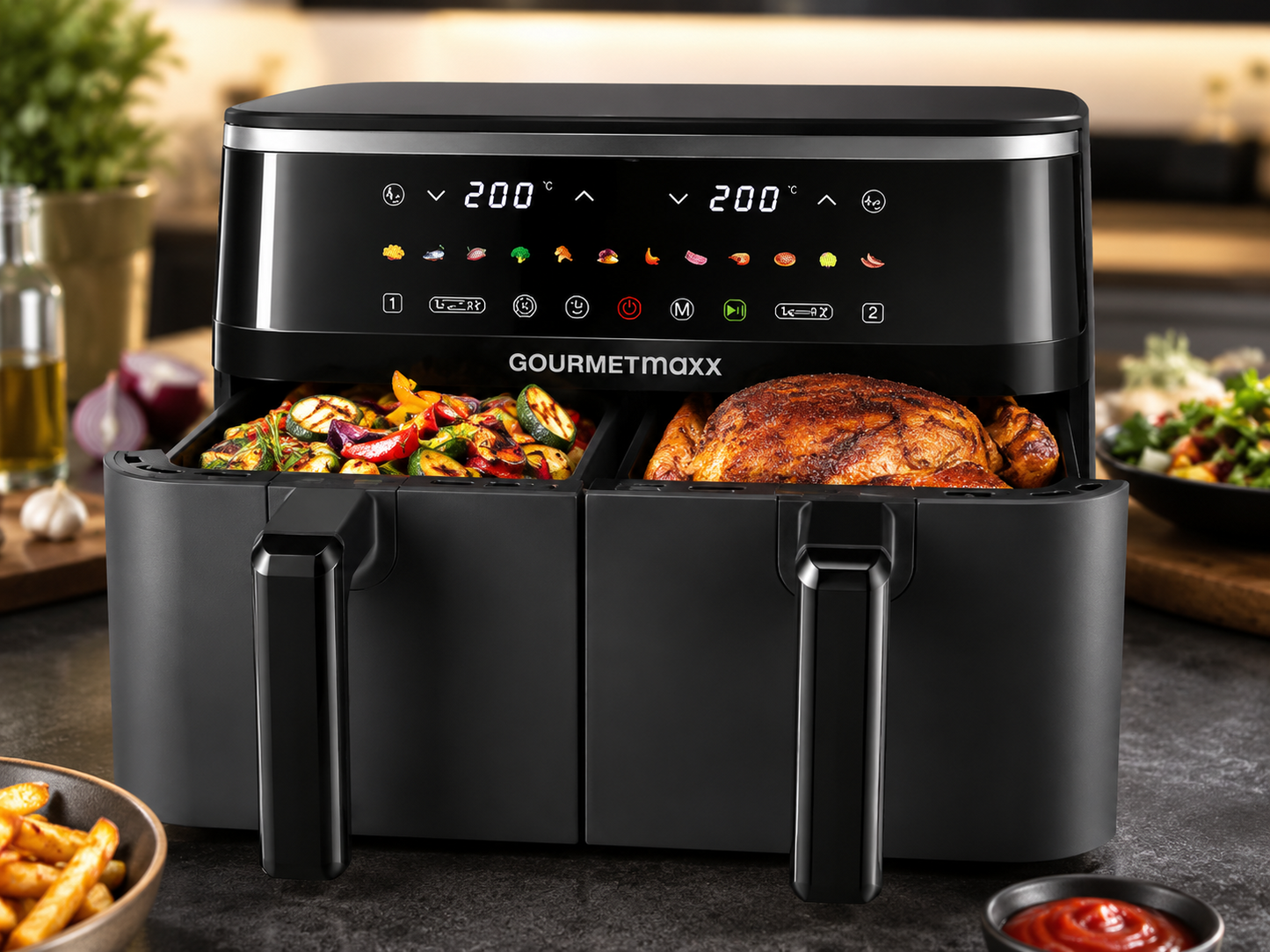 GOURMETmaxx Heißluftfritteuse Air Fryer 4,5L Doppelkammer Touch 12 Programme A22