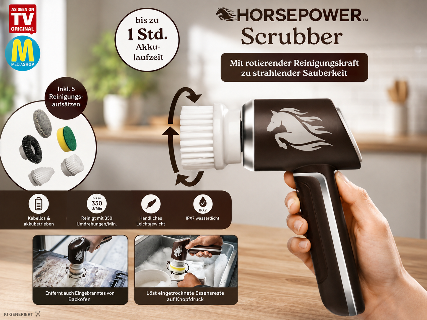 Horsepower Scrubber Elektrische Reinigungsbürste Akku 5 Bürsten Bad Küche C6