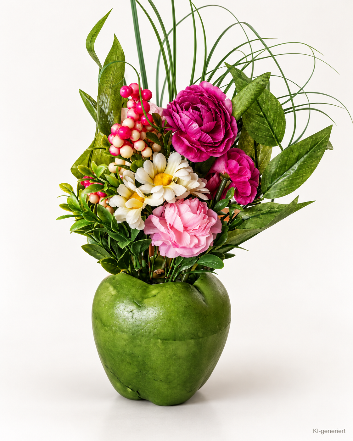Kunstblumen Gesteck im grünen Apfel Rosen Pink Rosa Tischdeko 30 cm E7