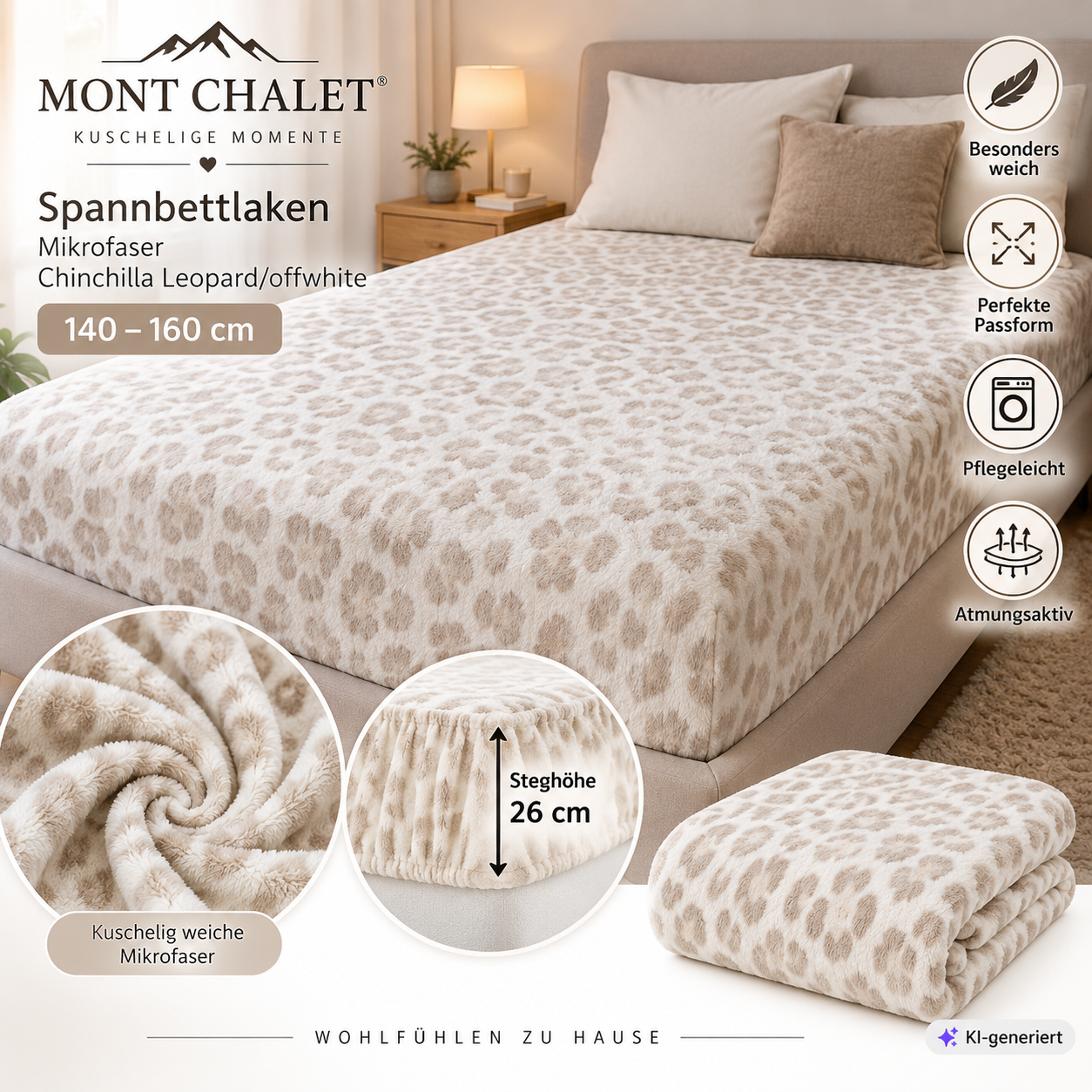 MONT CHALET Spannbettlaken 140-160x200 Chinchilla Leopard Offwhite 26cm F5