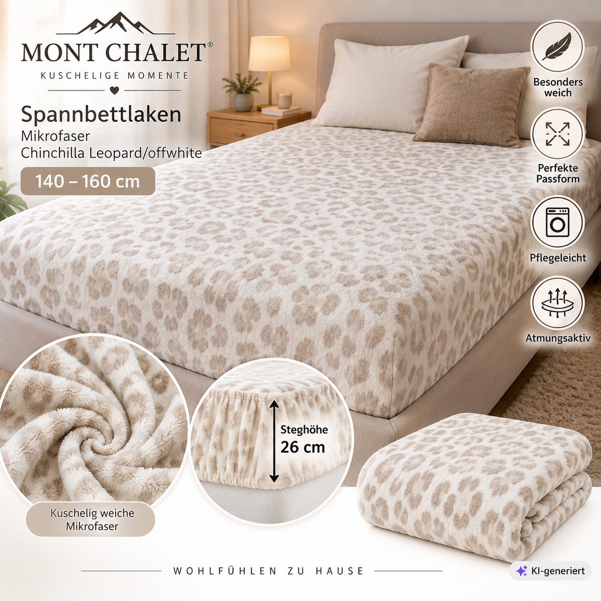 MONT CHALET Spannbettlaken 140-160x200 Chinchilla Leopard Offwhite 26cm F5