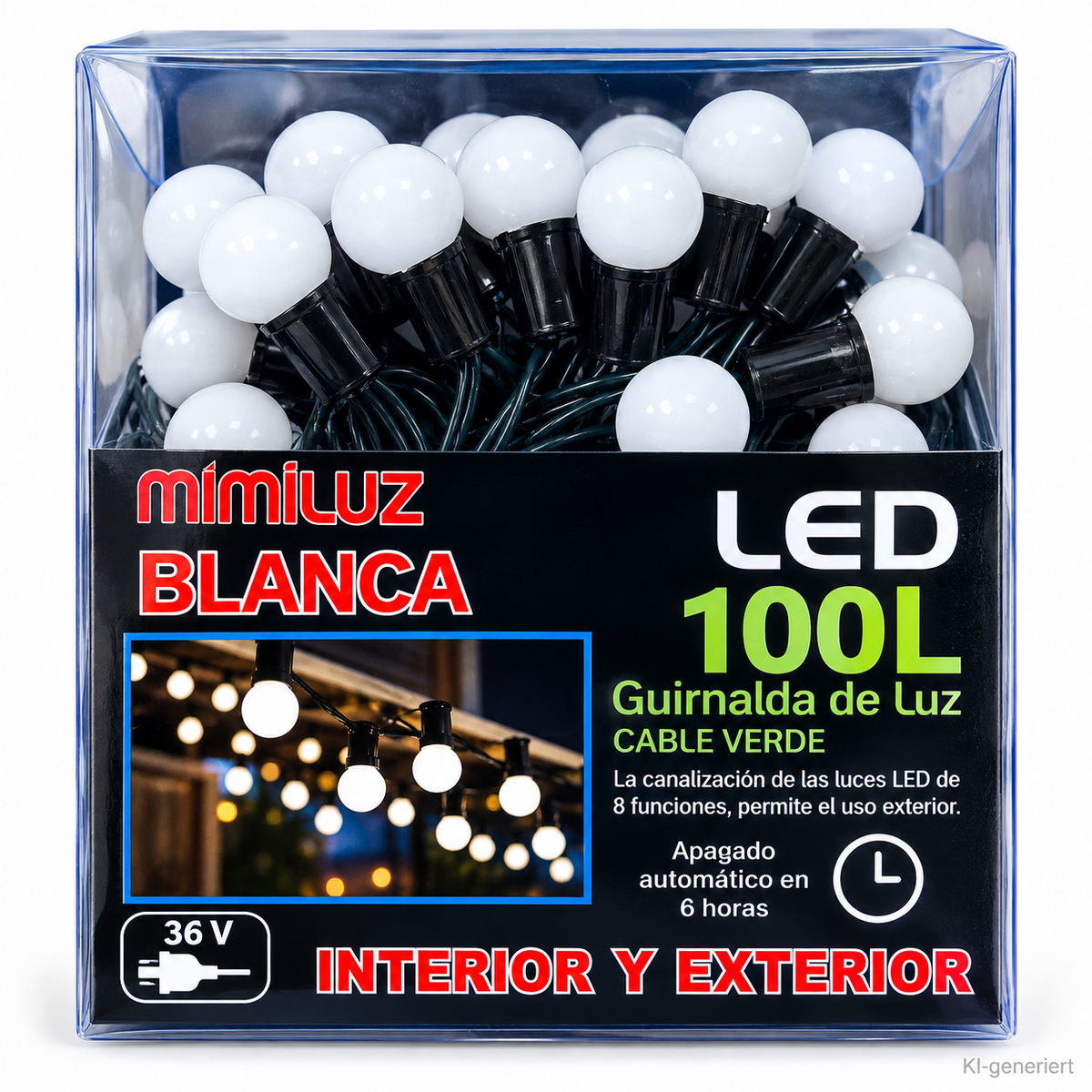 MIMILUZ LED Lichterkette 100 LEDs Weiß Grünes Kabel IP44 Timer Außen Innen HA35