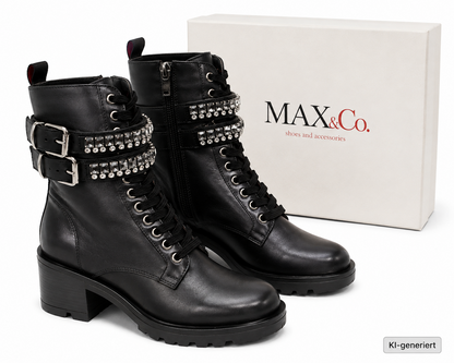 MAX&Co Deducono Damen Boots Leder Schwarz Strass Schnalle Stiefelette Gr. 36 G1