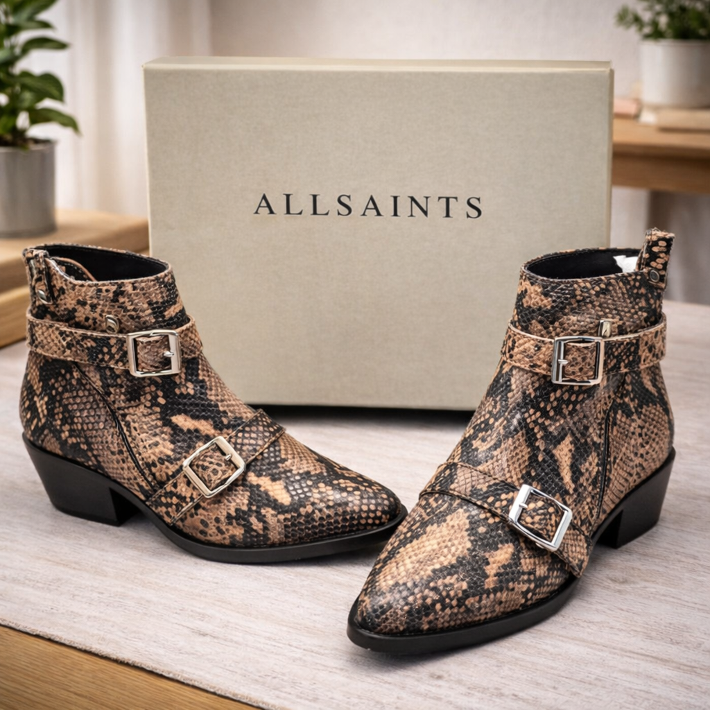 AllSaints Ariel Zip Boots Damen Leder Snake Braun Schwarz Stiefeletten Gr. 38 G1