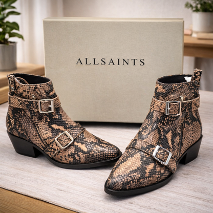 AllSaints Ariel Zip Boots Damen Leder Snake Braun Schwarz Stiefeletten Gr. 38 G1