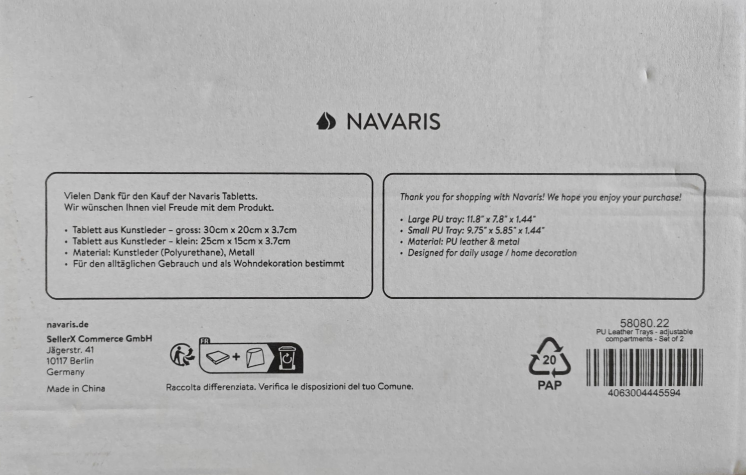 Navaris Tablett Kunstleder 2er Set mit Trennwand Aufbewahrung Organizer C-03