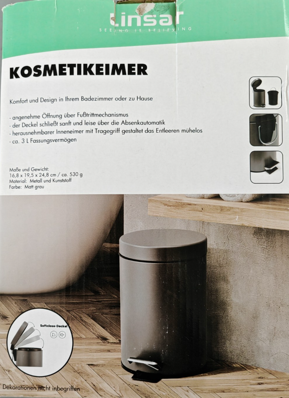 Linsar Kosmetikeimer 3L Grau Tretmülleimer Soft Close Absenkautomatik Bad WC HA6