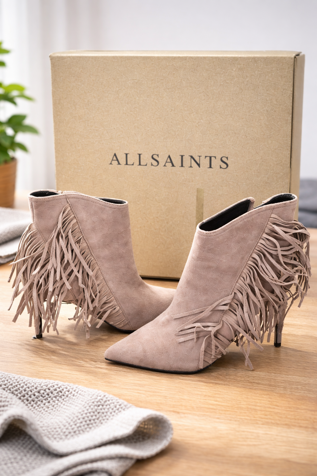AllSaints Izzy Damen Stiefeletten Wildleder Taupe Fransen High Heel Gr. 38 G1