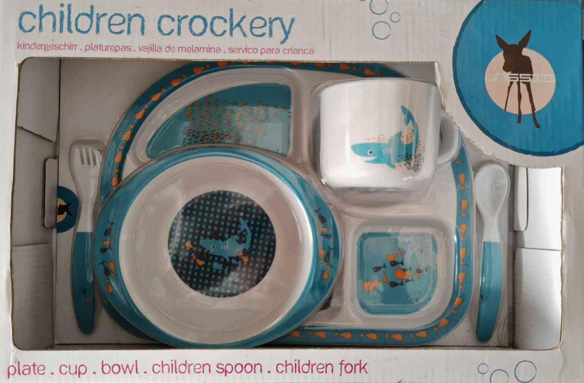 LÄSSIG Kindergeschirr Shark 5tlg Melamin Teller Becher Schüssel Besteck D7