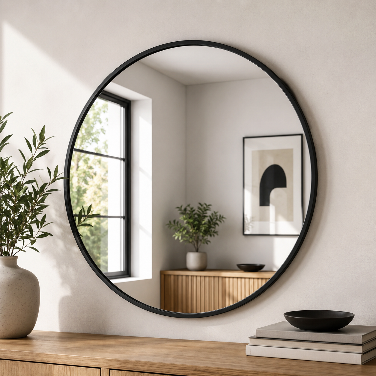Navaris Wandspiegel Rund 60cm Schwarz Badezimmerspiegel Flur Deko Spiegel HOA7