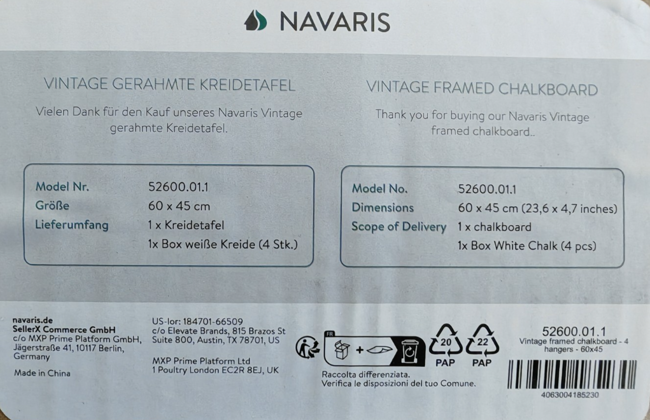 Navaris Kreidetafel 60x45cm Wandtafel Holzrahmen Ablage 4 Haken Memoboard P5