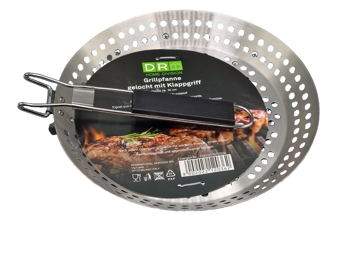 DR Home Division Grillpfanne gelocht 30 cm Edelstahl mit Klappgriff BBQ