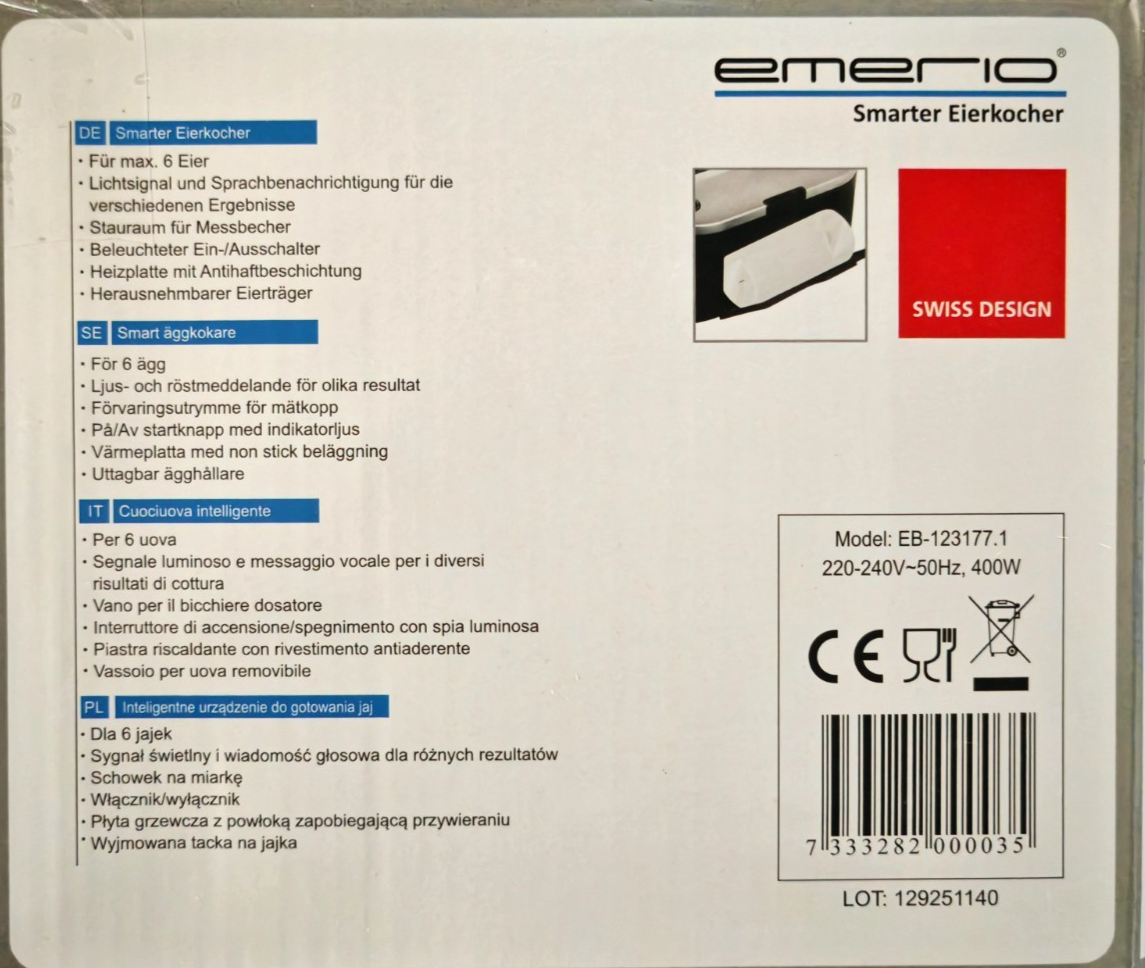 EMERIO EB-123177.1 sprechender Eierkocher 6 Eier BPA frei 3 Garstufen B07