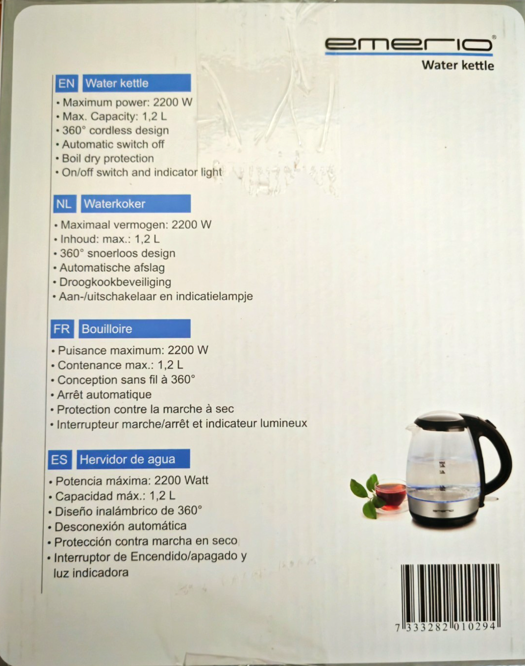 Emerio WK-125145 Glas Wasserkocher 1,2L 2200W LED BPA-frei Edelstahl HO-A5