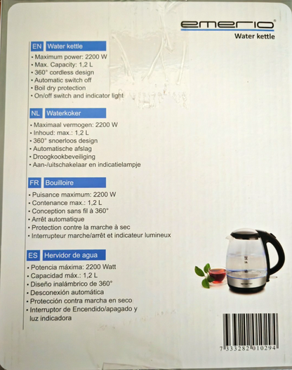 Emerio WK-125145 Glas Wasserkocher 1,2L 2200W LED BPA-frei Edelstahl HO-A5