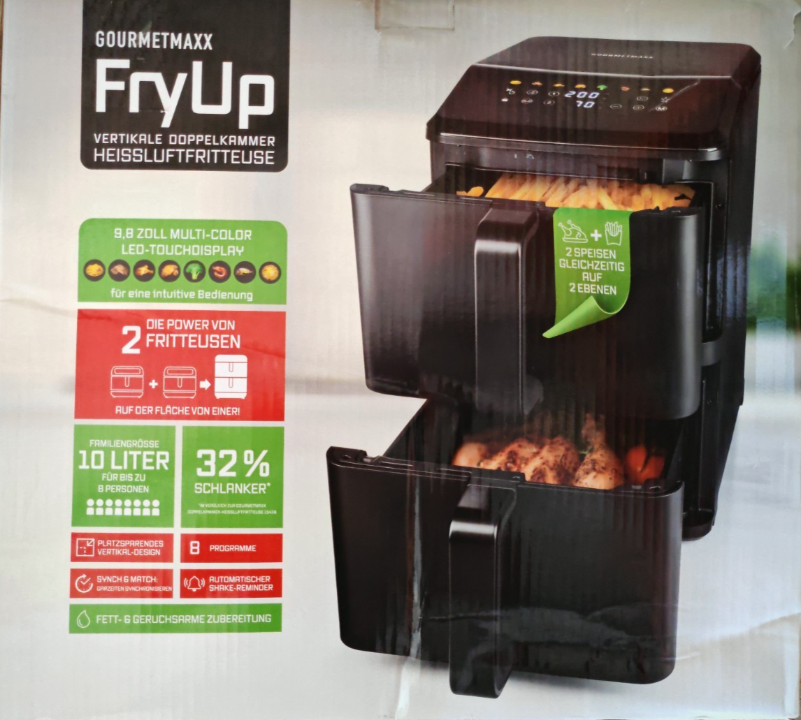 GOURMETmaxx FryUp Heißluftfritteuse 10L Doppelkammer Airfryer Touchdisplay HA22