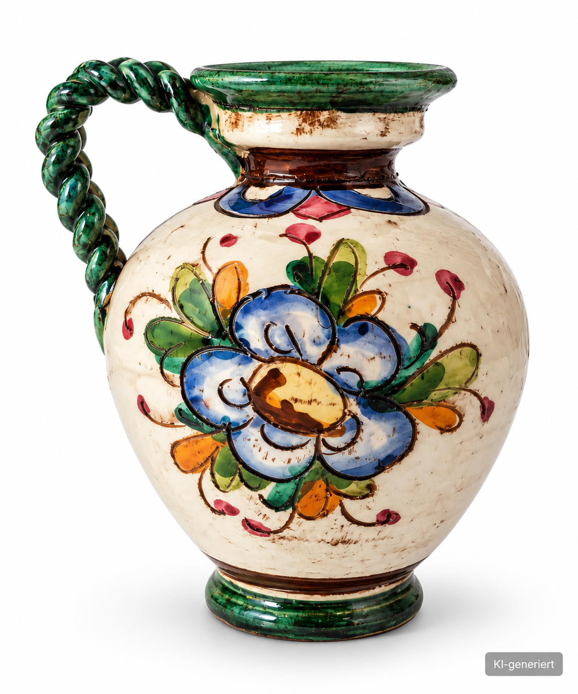 Keramik Krug Vase Blumenmotiv Relief Grün Blau Handbemalt Landhaus Deko B4