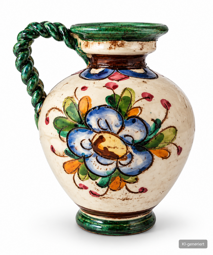 Keramik Krug Vase Blumenmotiv Relief Grün Blau Handbemalt Landhaus Deko B4