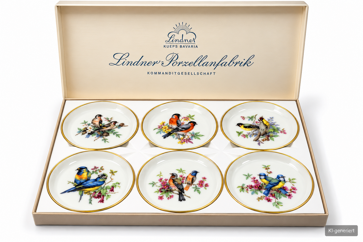 Lindner Porzellan 6 Unterteller Vogelmotiv 134/10 Goldrand Bavaria OVP