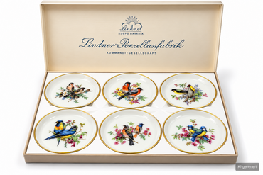 Lindner Porzellan 6 Unterteller Vogelmotiv 134/10 Goldrand Bavaria OVP