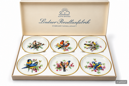 Lindner Porzellan 6 Unterteller Vogelmotiv 134/10 Goldrand Bavaria OVP
