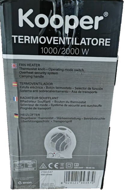 Kooper Heizlüfter 2000W Elektroheizer Thermostat 2 Heizstufen 1000/2000W  HA28