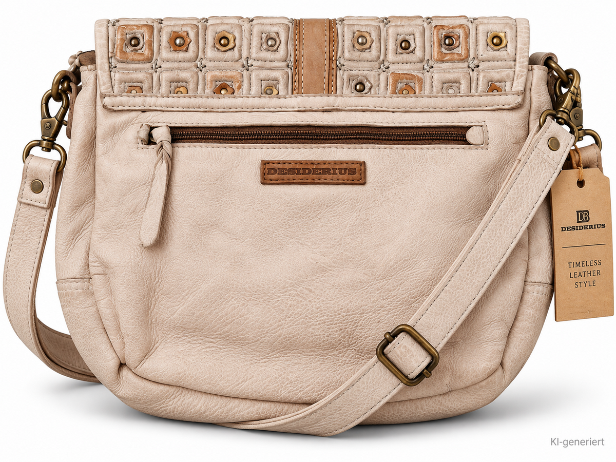DESIDERIUS Veronika Damen Umhängetasche Beige Rindsleder Echtleder Nieten H3