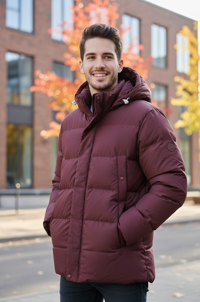 Strandfein Menswear Herren Steppjacke Gr. 56 Weinrot Kapuze abnehmbar