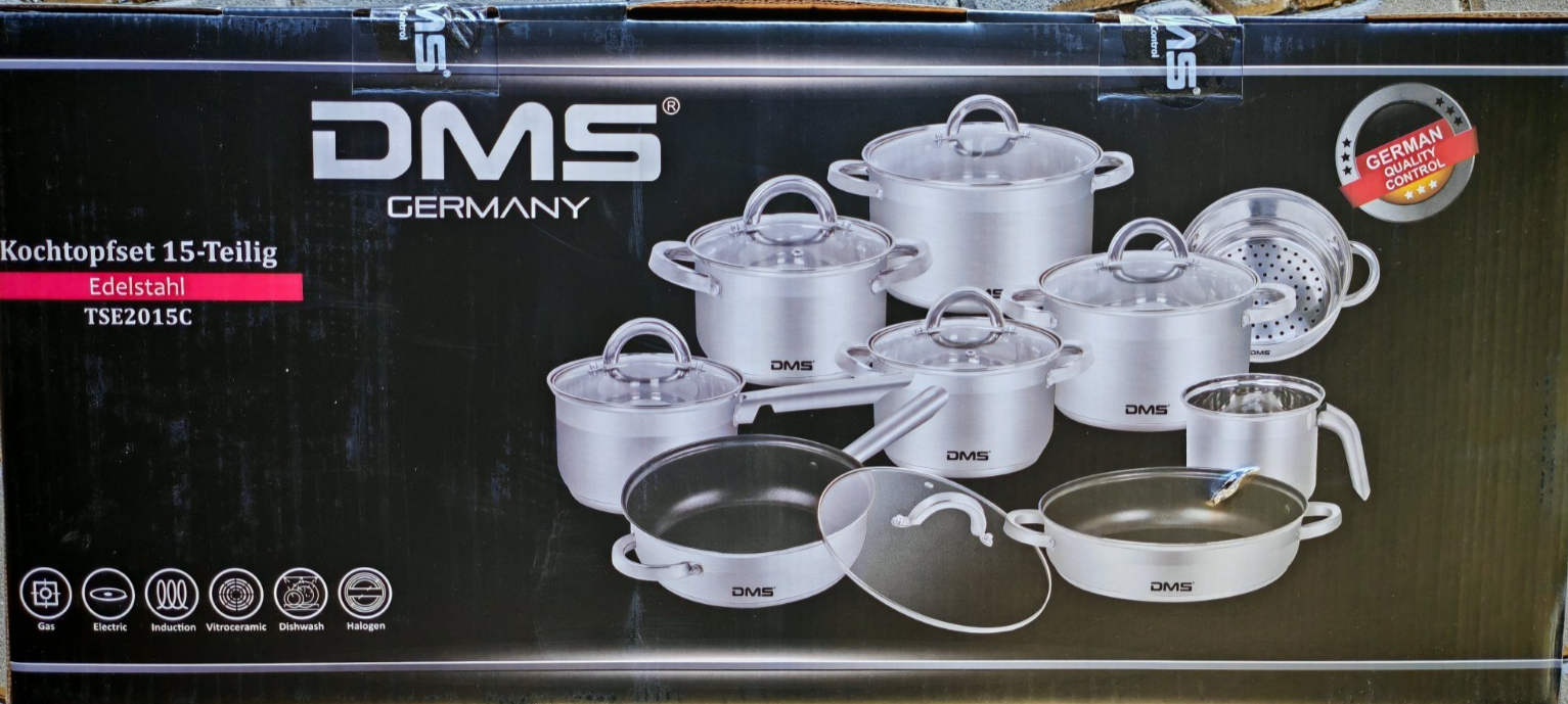 DMS TSE2015C Topfset 15tlg Edelstahl Glasdeckel Induktion Kochgeschirr HO-A22