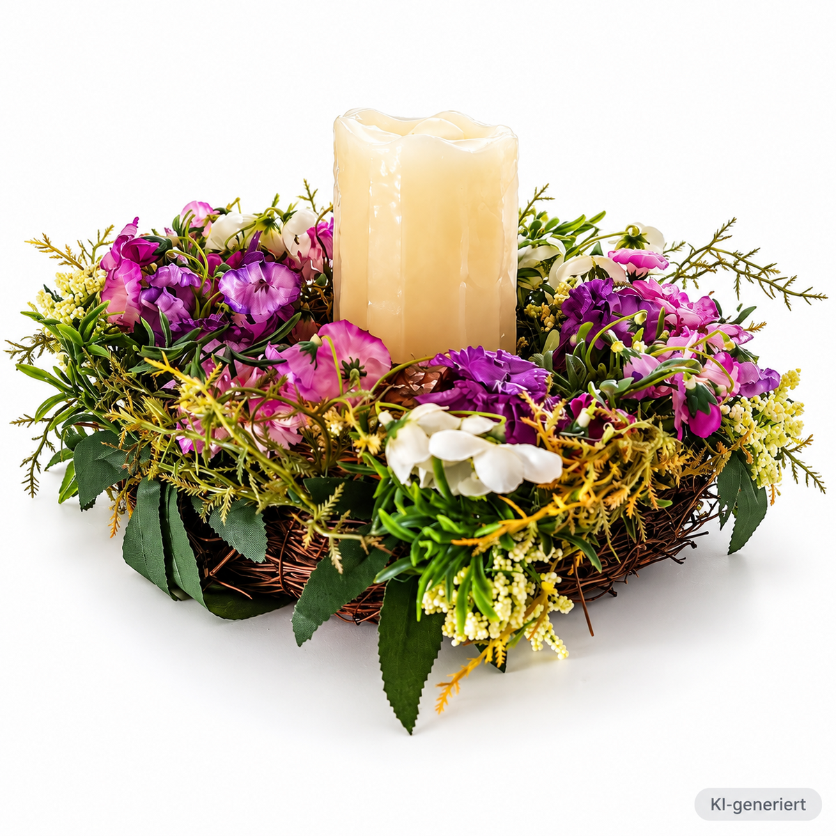 Frühling Tischkranz 34 cm Kunstblumen Lila Weiß mit LED Kerze Dekokranz E6