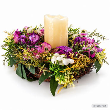 Frühling Tischkranz 34 cm Kunstblumen Lila Weiß mit LED Kerze Dekokranz E6