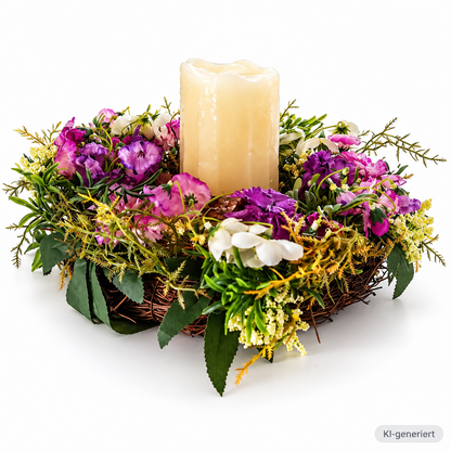 Frühling Tischkranz 34 cm Kunstblumen Lila Weiß mit LED Kerze Dekokranz E6