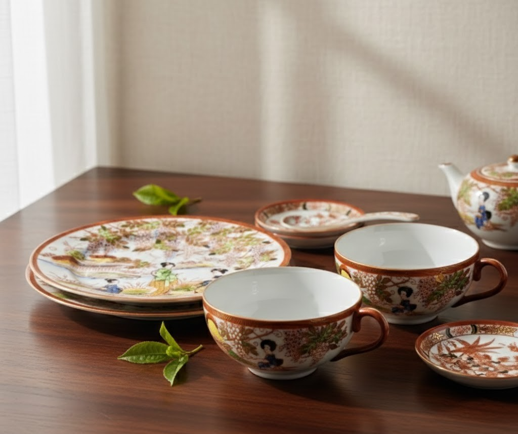 Teeservice 2 Personen, 2 Tassen, Teller, Unterteller, Zusatzteller