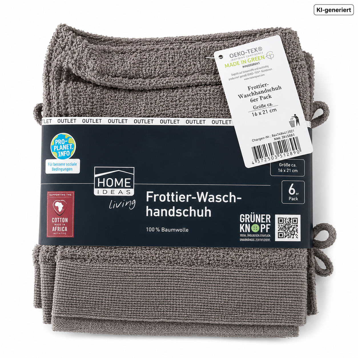 HOME IDEAS Living 6x Frottier Waschhandschuh 16x21 cm Baumwolle Grau E4
