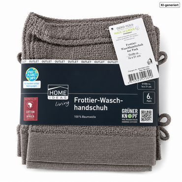 HOME IDEAS Living 6x Frottier Waschhandschuh 16x21 cm Baumwolle Grau E4