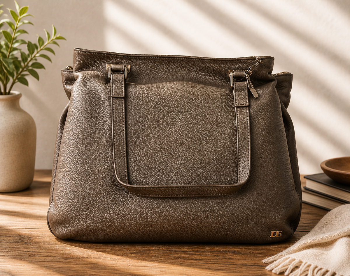 DESIDERIUS Bendine Damen Ledertasche Taupe Rindsleder Wildleder Schulter H3