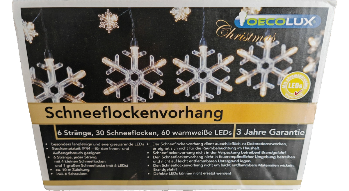 OECOLUX LED Schneeflockenvorhang 60 LEDs Warmweiß Außen Innen Weihnachten HA34