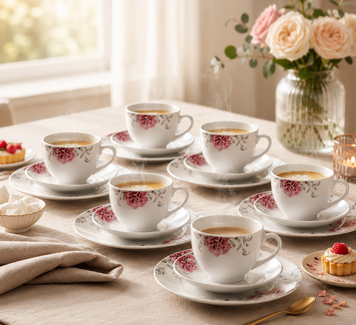 Arte Viva COMO Kaffeeservice 18tlg Porzellan 6 Personen Rosa Grau Blumen HA18
