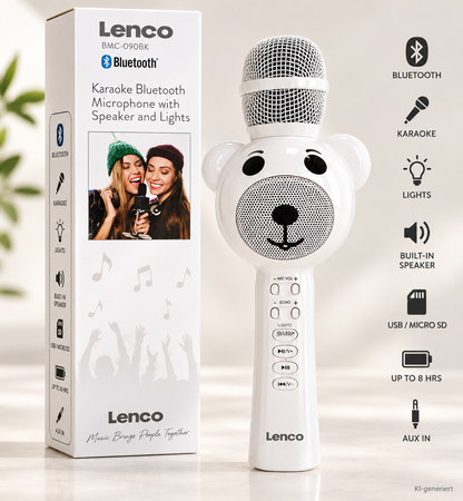 Lenco BMC-090BK Bluetooth Karaoke Mikrofon 5W Lautsprecher LED USB SD Weiß D6