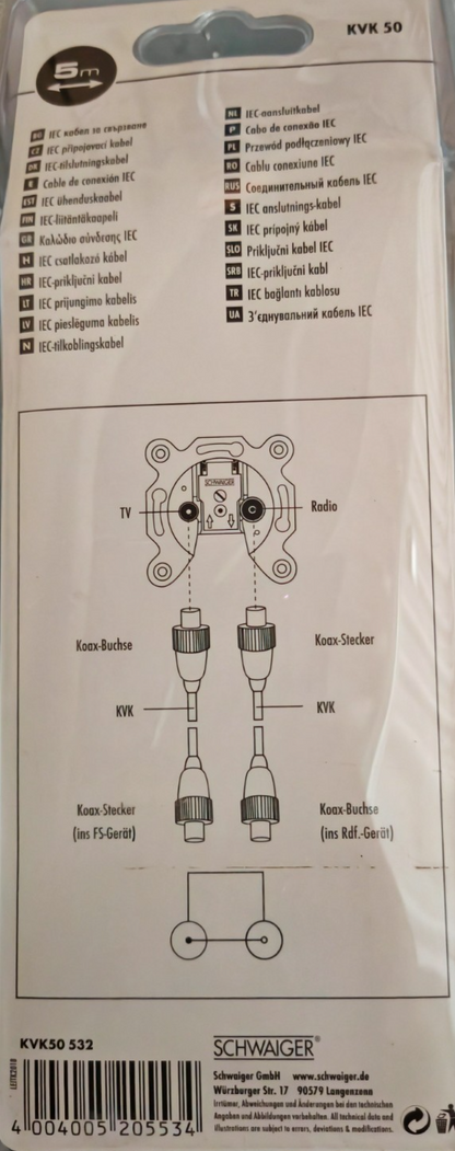 Schwaiger KVK 50 IEC Antennenkabel 5m Weiß 75dB TV Kabel Koax Anschlusskabel A4