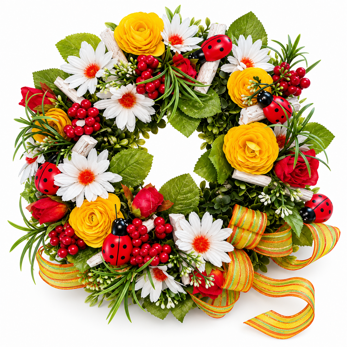Türkranz Ranunkeln Marienkäfer Kunstblumen Frühlingskranz Sommerkranz Deko C1