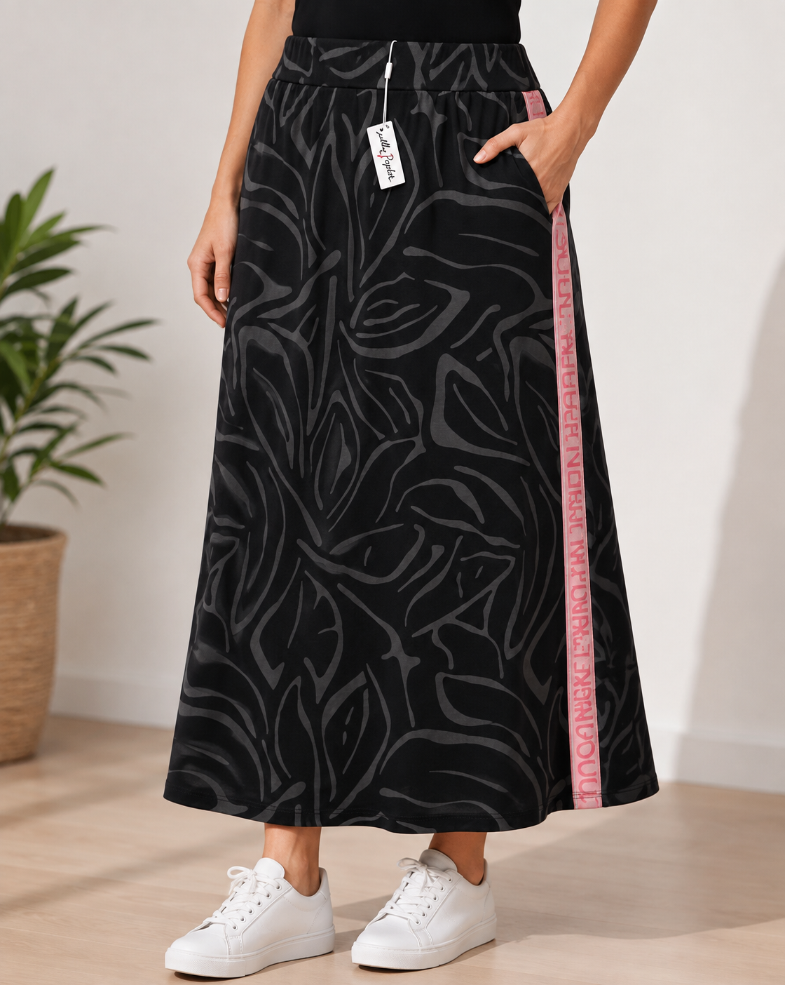 Lyla Damen Sommerrock Gr. 48 Schwarz Allover Druck Dehnbund Maxirock Lang