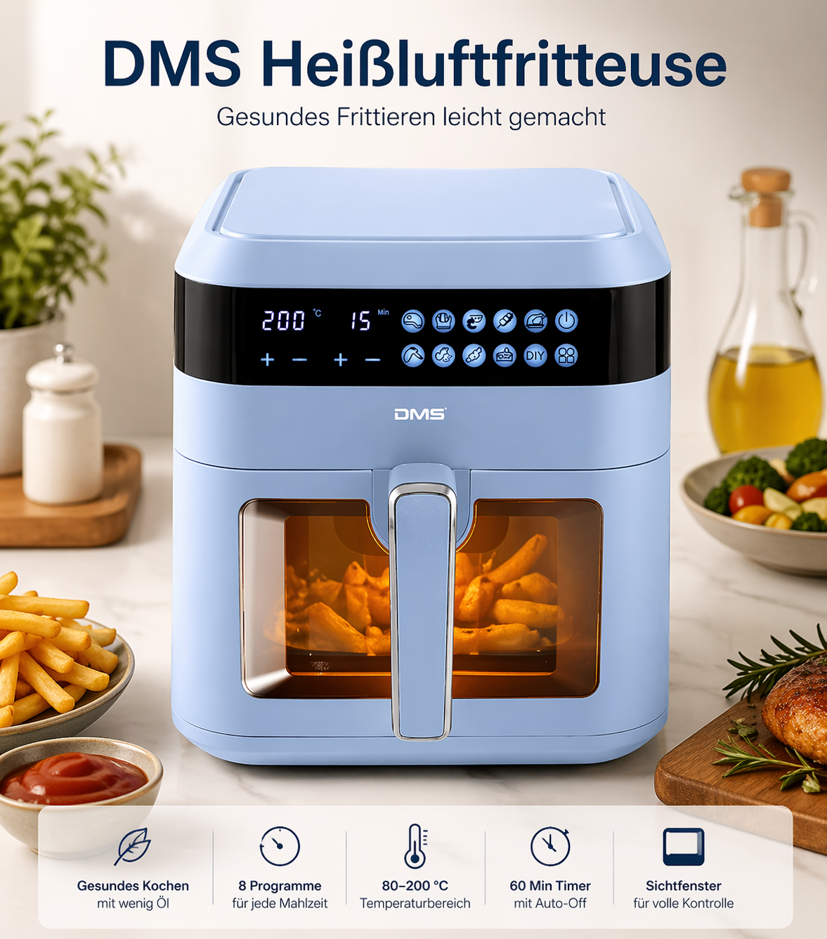 DMS XXXL 7L Heißluftfritteuse HFG-7B Blau – Fettfrei ohne Öl Airfryer