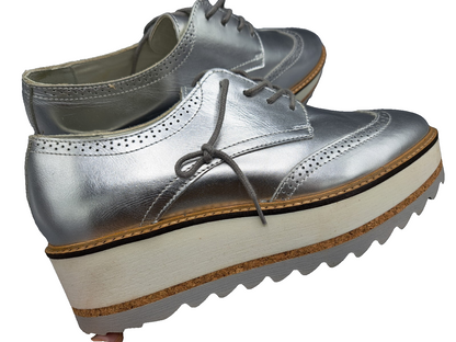 Bullboxer Damen Plateau Schnürschuhe Gr. 40 Silber Metallic Halbschuhe Brogue G2